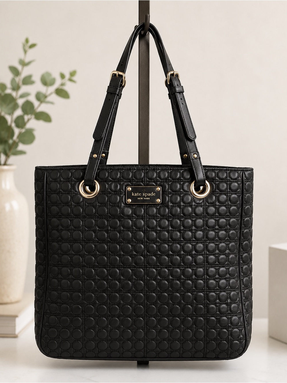Kate Spade NY Quilted Tote Bag Gray Gold Hardware
